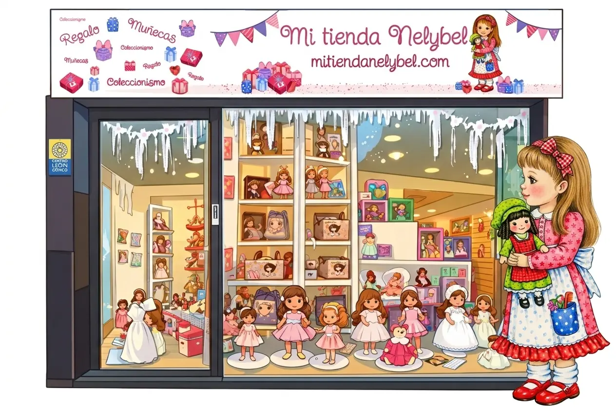 Escaparate de Mi tienda Nelybel en León, lleno de muñecas de colección