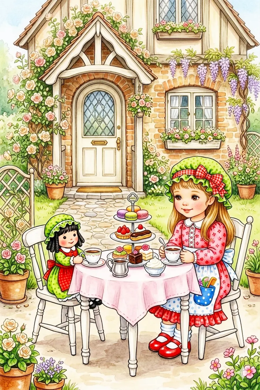 Nelybel y su muñeca merendando en el jardín de una casita de campo