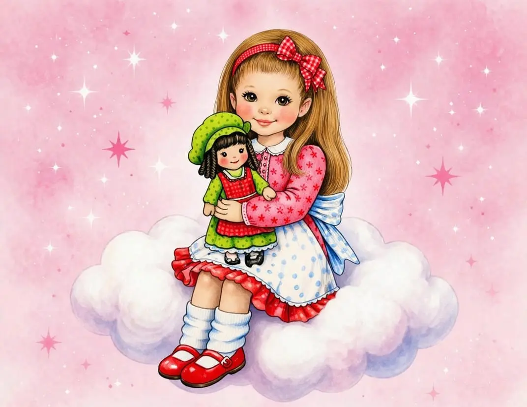 Nelybel, la niña de Mi tienda Nelybel, sentada en una nube abrazando su muñeca